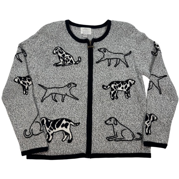 Christopher & Banks Sweaters - Christopher & Banks Dog Embroidered Zip Cardigan Grey Marled Knit Bone Pull L